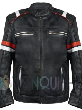 James Men’s Brown Striped Cafe Racer Leather Jacket Front Look