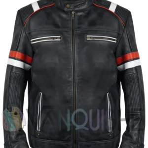 James Men’s Brown Striped Cafe Racer Leather Jacket Front Look