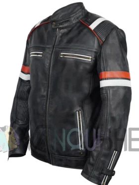 James Men’s Brown Striped Cafe Racer Leather Jacket Front Look