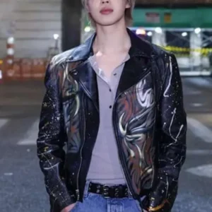 Jimin Who Song Black Leather Jacket Front Look