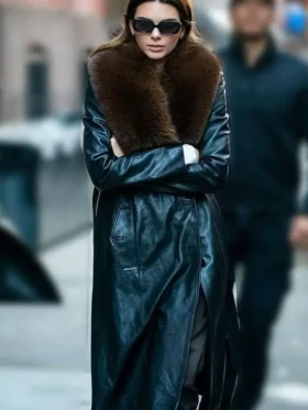 Kendall Jenner Black Leather Trench Coat