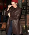 Kendall Jenner Brown Leather Coat Front Look