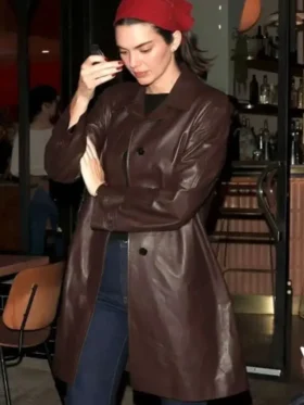 Kendall Jenner Brown Leather Coat Front Look