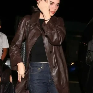 Kendall Jenner Brown Leather Coat Front Look