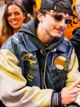 Knicks NBA Game Timothee Chalamet Leather Jacket Front Look