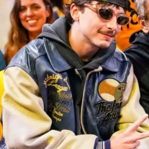 Knicks NBA Game Timothee Chalamet Leather Jacket Front Look