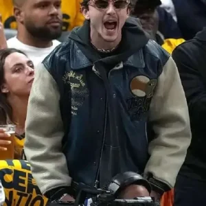 Knicks NBA Game Timothee Chalamet Leather Jacket Front Look