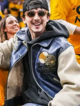 Knicks NBA Game Timothee Chalamet Leather Jacket Front Look