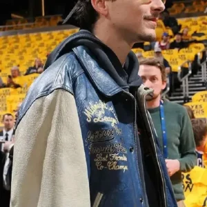 Knicks NBA Game Timothee Chalamet Leather Jacket Front Look
