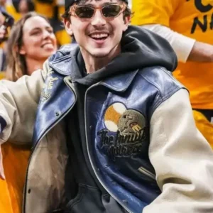 Knicks NBA Game Timothee Chalamet Leather Jacket Front Look