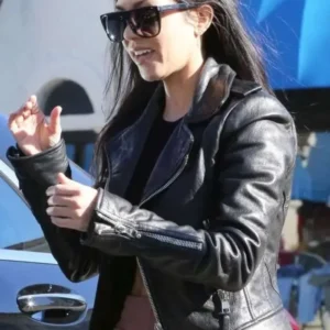 Kourtney Kardashian Black Biker Leather Jacket Front Look