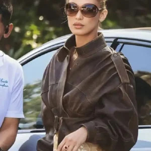 LA Bella Hadid Brown Cropped Jacket Front look