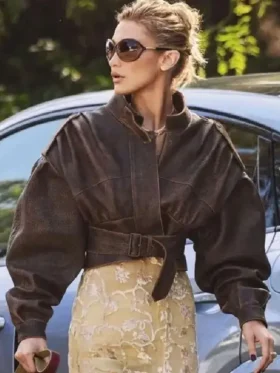LA Bella Hadid Brown Cropped Jacket Front look