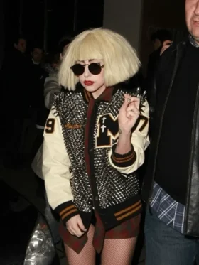 Lady Gaga Silver Varsity Jacket Front look
