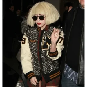 Lady Gaga Silver Varsity Jacket Front look