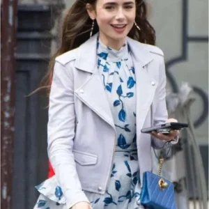Lily Collins Emily in Paris Leather Jacket Front Look