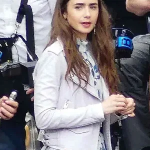 Lily Collins Emily in Paris Leather Jacket Front Look