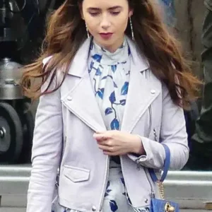 Lily Collins Emily in Paris Leather Jacket Front Look