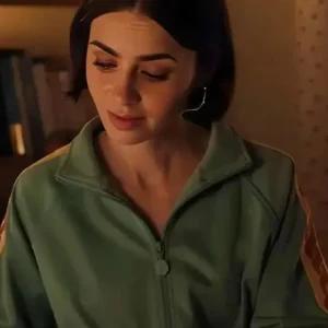 Lily Collins Emily in Paris S05 Green Track Jacket Front Look