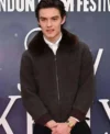 Louis Partridge Jay Kelly Brown Fur Jacket Front Look
