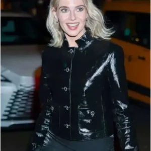 Lucy Boynton NYC 2025 Black Leather Jacket Front Look