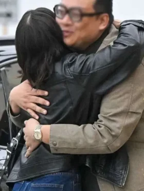 Lucy Hale 2025 Black Leather Jacket Back Look