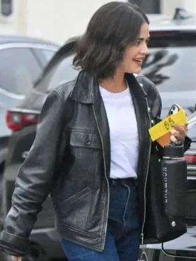Lucy Hale 2025 Black Leather Jacket Front Look