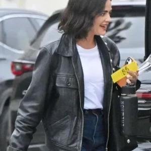 Lucy Hale 2025 Black Leather Jacket Front Look