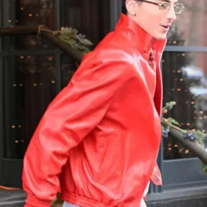 Marty Supreme Timothee Chalamet Red Leather Jacket Front Look