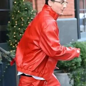 Marty Supreme Timothee Chalamet Red Leather Jacket Front Look