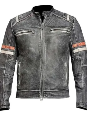 Men Retro Cafe Motorcycle Leather Jacket Front Look