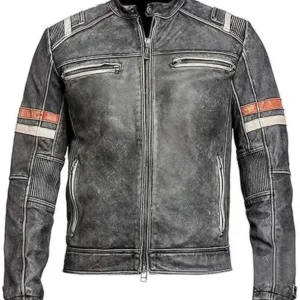 Men Retro Cafe Motorcycle Leather Jacket Front Look