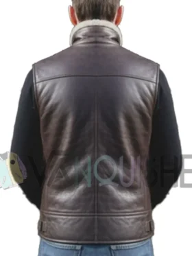 Men's Brown Leather Shearling Lined Zip-Up Vest Back Look