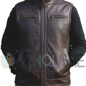 Men's Brown Leather Shearling Lined Zip-Up Vest Front Look