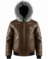 Men’s Brown Quilted Leather Fur Hood Jacket Front Look
