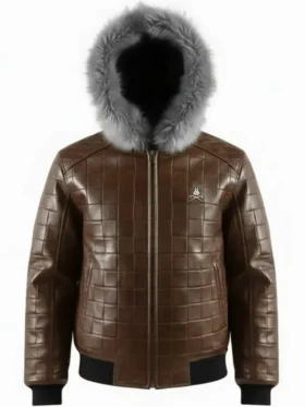 Men’s Brown Quilted Leather Fur Hood Jacket Front Look