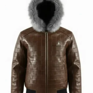 Men’s Brown Quilted Leather Fur Hood Jacket Front Look