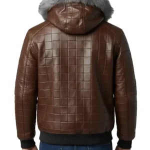 Men’s Brown Quilted Leather Fur Hood Jacket Back Look
