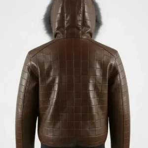 Men’s Brown Quilted Leather Fur Hood Jacket Back Look