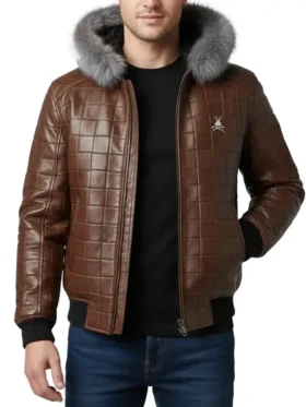 Men’s Brown Quilted Leather Fur Hood Jacket Front Look