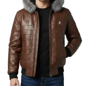 Men’s Brown Quilted Leather Fur Hood Jacket Front Look