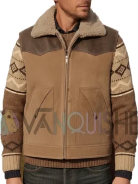Men’s Brown Shearling Collar Wool Vest Front Look