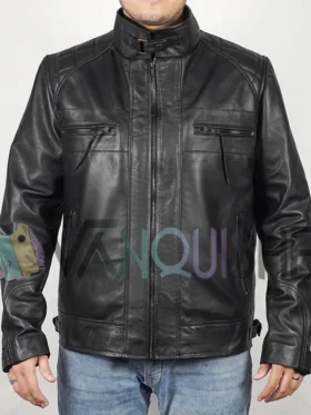 Men’s Cafe Racer Real Leather Biker Black Field Jacket front