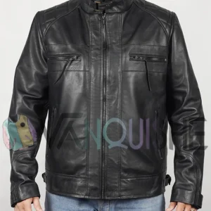 Men’s Cafe Racer Real Leather Biker Black Field Jacket front