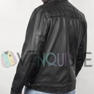 Men’s Cafe Racer Real Leather Biker Black Field Jacket left back
