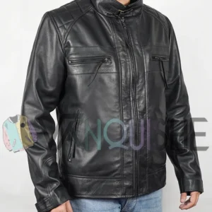 Men’s Cafe Racer Real Leather Biker Black Field Jacket right curve