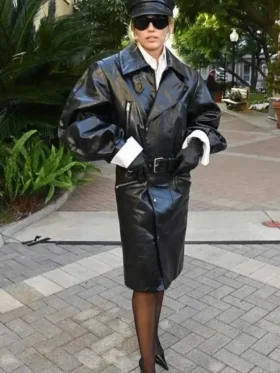 Miley Cyrus 2025 Black Leather Coat Front Look