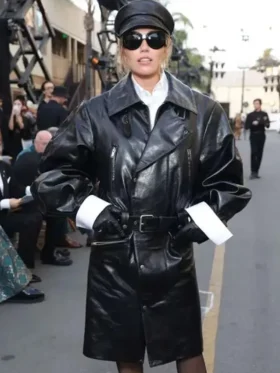 Miley Cyrus 2025 Black Leather Coat Front Look