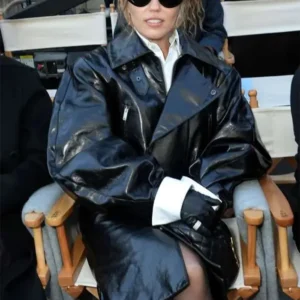 Miley Cyrus 2025 Black Leather Coat Front Look
