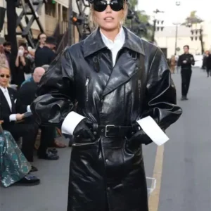 Miley Cyrus 2025 Black Leather Coat Front Look